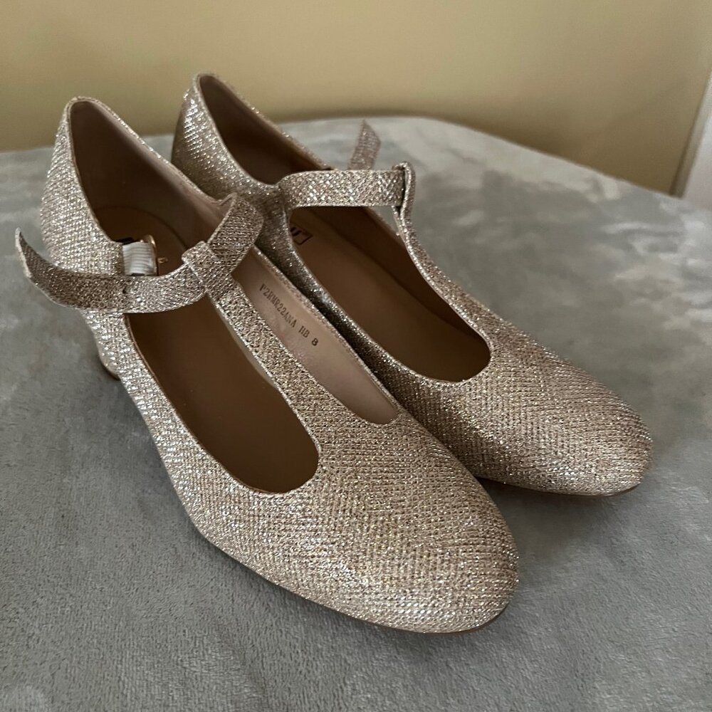 IDIFU T-Strap Mary Jane Glitter Gold Heels